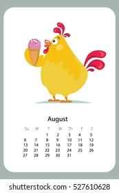 Vector calendar, banner, sticker with cute yellow rooster and tasty ice cream. Summer time. Easter