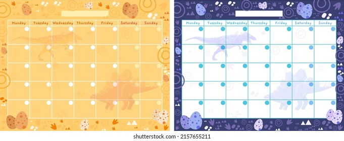 Vector calendar for boys with dinosaurs on orange and blue background. Ideal for planning the week, month. You can write plans, homework, class schedules, holidays, hobbies, track habits and more