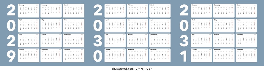 Vector calendar bundle for 2029, 2030, and 2031 with a clean minimalist design.