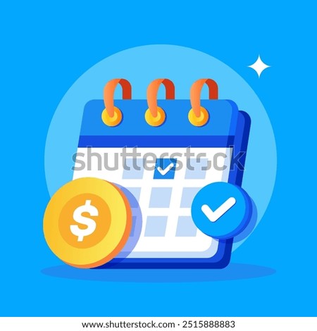 Vector calendar with checkmark, dollar coin, and tick symbol, representing financial planning, scheduling, or payment deadlines. Bright colors business, finance, and productivity themes.