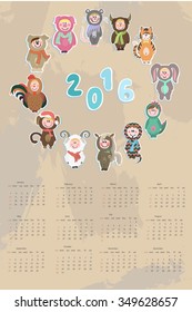 Vector calendar with children for your design. Eastern horoscope.
