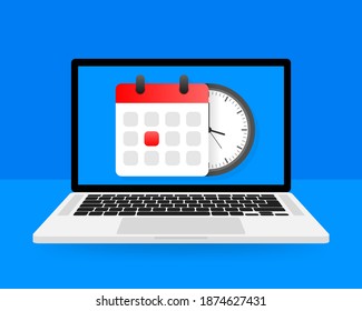 Calendario vectorial e icono de reloj en fondo azul. Ilustración vectorial.