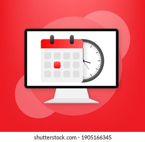 Vector Calendar and Clock Icon on red background. Vector illustration.