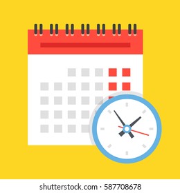 Vector calendar and clock icon. Schedule, appointment, important date concept. Modern flat design illustration isolated on yellow background