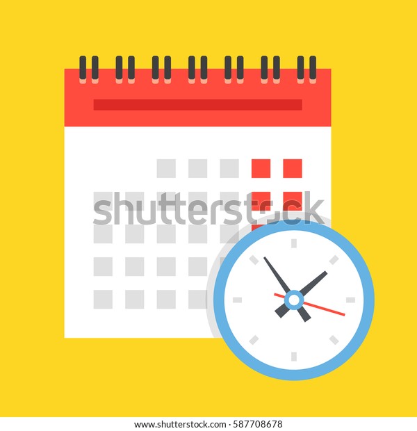 ベクターカレンダーと時計のアイコン スケジュール 予定 重要な日付のコンセプト 黄色い背景にモダンなフラットデザインイラスト のベクター画像素材 ロイヤリティフリー