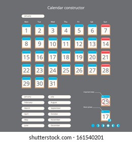 Vector calendar constructor. Create your own calendar of the elements of design. Set contains icons with moon phases and important date. 