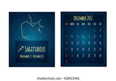 Vector calendar for December 2017 in the space style. Calendar with the image of the Sagittarius constellation in the night starry sky. Elements for creative design ideas of your calendar