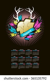 Vector calendar in December 2017 for the whole year on a black background
