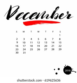 Vector calendar for December 2018. Hand drawn letters for calendar design