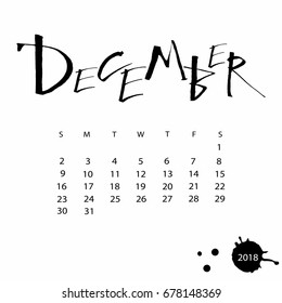 Vector calendar for December 2018. Hand drawn letters for calendar design