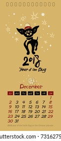 Vector calendar for December 2018. Year of the Dog. Hand drawn illustration and letters for calendar design. The page of a leafy monthly creative calendar.
