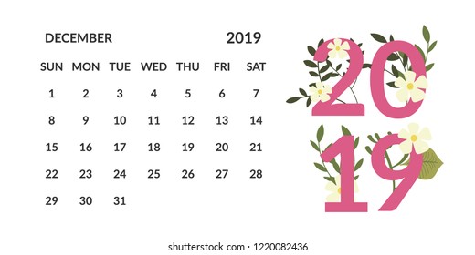 vector Calendar December 2019.  Week starts on Sunday. English calender. Happy  New year
