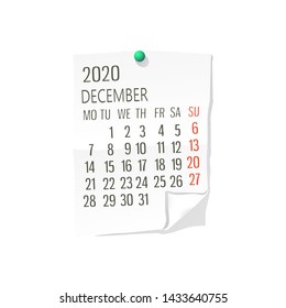 Vector calendar for December ,2020 on white paper  with holding pin over white background