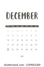 Vector Calendar for December 2023. Week Starts Sunday. Stationery Design for Printable.