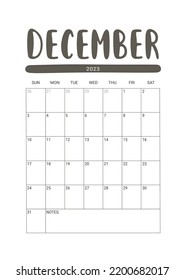 Vector Calendar for December 2023. Week Starts Sunday. Stationery Design for Printable.