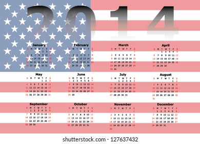 Vector Calendar Design for 2014 with the flag of the Inited States of America in the background