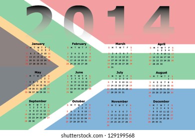 Vector Calendar Design for 2014 with the flag of South Africa in the background