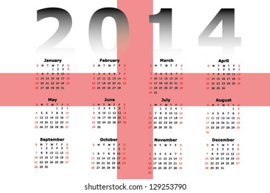 Vector Calendar Design for 2014 with the flag of England in the background