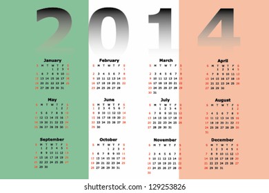 Vector Calendar Design for 2014 with the flag of Ireland in the background