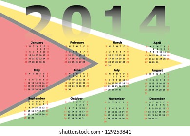 Vector Calendar Design for 2014 with the flag of Guyana in the background