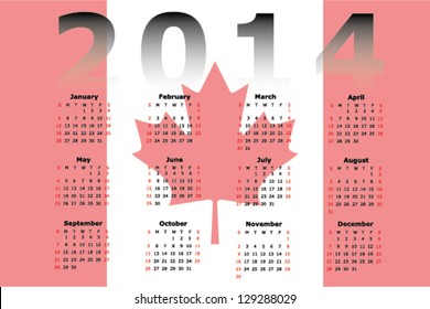 Vector Calendar Design for 2014 with the flag of Canada in the background