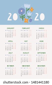 Vector Calendar design 2020. Printable calendar template. Beautiful vector template with Cut Out Flowers.