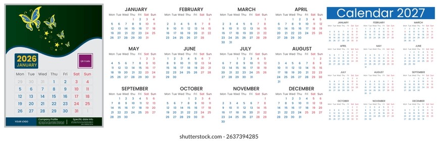 Vector calendar design 2026, 2027 year. Calendar set template design for 2026 and 2027 year. Monthly calendar layout for 2026 and 2027 year and week start on Monday