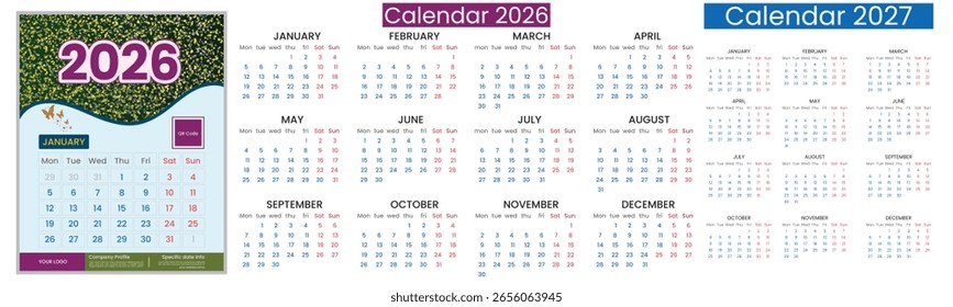 Projeto de calendário vetorial de 2026 e 2027 ano. Projeto de calendário realista de 2026 e 2027 em um fundo branco sólido. 