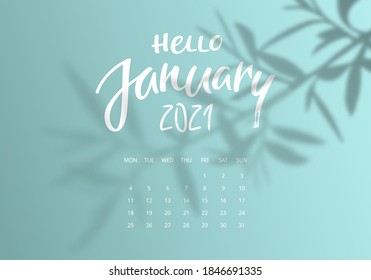 Vector Calendar Design for January of 2021 Year with Overlay Branch. Week Starts Monday. Stationery Design Background.