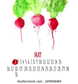 Vector  calendar design with watercolor colorful radish. Artistic vector design for banners, greeting cards,sales, posters.EPS10