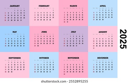 Vektorkalender Design für das Jahr 2025, 12 Monate einfaches Design.