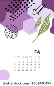 Vector calendar. Exotic leaves. Geometry and graphics. July 2020