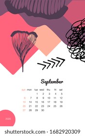 Vector calendar. Exotic leaves. Geometry and graphics. September 2020