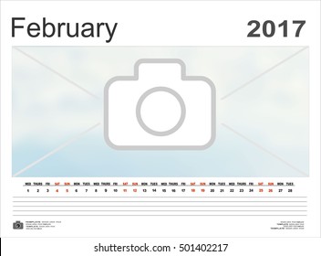 Vector calendar February 2017. Design Template with Place for Photos and Notes.