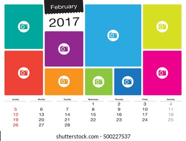 Vector calendar February, 2017 with image frames, A3 size - Change the image frames with your photos.