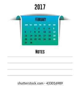 Vector calendar February 2017 with a place for notes. Weeks start on Monday
