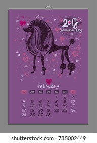 Vector calendar for February 2018. Year of the Dog. Hand drawn illustration and letters for calendar design. The page of a leafy monthly creative calendar.