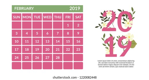 vector Calendar February 2019.  Week starts on Sunday. English calender. Happy  New year