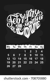 Vector calendar for February. Hand drawn lettering quote for calendar design, vector illustration