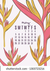 Vector calendar with foliage plants and text. Hand drwan Bird of paradise flowers background. Exotic summer planner template