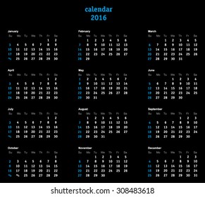 Vector calendar grid 2016 on dark background