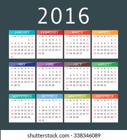 Vector calendar grid for 2016. Rigorous design. 10 eps