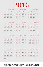 Vector calendar grid for 2016. Rigorous design. 10 eps