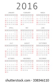Vector calendar grid for 2016. Rigorous design. 10 eps