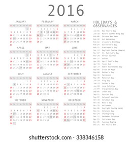 Vector calendar grid for 2016. Rigorous design. 10 eps