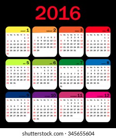 Vector calendar grid for 2016. Rigorous design. 10 eps