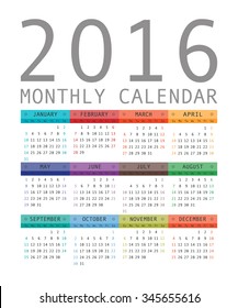 Vector calendar grid for 2016. Rigorous design. 10 eps