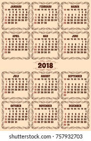 vector calendar grid for 2018 year for business cards on background