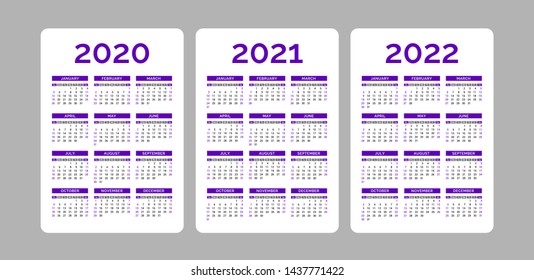 Vector calendar grid 2020, 2021, 2022 years