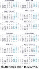 Vector calendar grid for 2020 divided into weeks by months